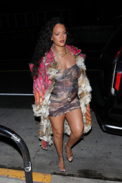 Santa Monica, CA  - *EXCLUSIVE*  - **WEB MUST CALL FOR PRICING** Rihanna flashes huge diamond on THAT finger as she heads to Giorgio Baldi for dinner! The superstar who is expecting her first child with boyfriend A$AP was seen  heading to dinner at  Giorgio Baldi restaurant  with friends in Santa Monica on Tuesday night. The 34-year-old singer is wearing a cat print skin-tight curvy dress, high heeled sandals  and a colorful fur-lined coat. What stood out the most was the huge rock on her left ring finger as she adjusted her necklace. The superstar as been seen wearing the sparkler before but has started now wearing it on the finger typically reserved for an engagement ring. Shot on 03/22/22.  Pictured: Rihanna  BACKGRID USA 23 MARCH 2022  USA: +1 310 798 9111 / usasales@backgrid.com  UK: +44 208 344 2007 / uksales@backgrid.com  *UK Clients - Pictures Containing Children
Please Pixelate Face Prior To Publication*