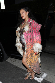 Santa Monica, CA  - *EXCLUSIVE*  - **WEB MUST CALL FOR PRICING** Rihanna flashes huge diamond on THAT finger as she heads to Giorgio Baldi for dinner! The superstar who is expecting her first child with boyfriend A$AP was seen  heading to dinner at  Giorgio Baldi restaurant  with friends in Santa Monica on Tuesday night. The 34-year-old singer is wearing a cat print skin-tight curvy dress, high heeled sandals  and a colorful fur-lined coat. What stood out the most was the huge rock on her left ring finger as she adjusted her necklace. The superstar as been seen wearing the sparkler before but has started now wearing it on the finger typically reserved for an engagement ring. Shot on 03/22/22.  Pictured: Rihanna  BACKGRID USA 23 MARCH 2022  USA: +1 310 798 9111 / usasales@backgrid.com  UK: +44 208 344 2007 / uksales@backgrid.com  *UK Clients - Pictures Containing Children
Please Pixelate Face Prior To Publication*