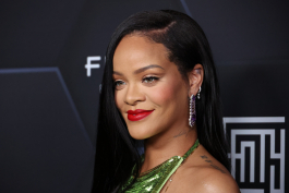 LOS ANGELES, CALIFORNIA - FEBRUARY 11: Rihanna poses for a picture as she celebrates her beauty brands fenty beauty and fenty skin at Goya Studios on February 11, 2022 in Los Angeles, California. (Photo by Mike Coppola/Getty Images)