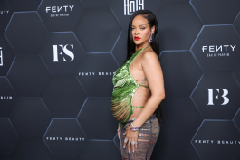 LOS ANGELES, CALIFORNIA - FEBRUARY 11: Rihanna poses for a picture as she celebrates her beauty brands fenty beauty and fenty skin at Goya Studios on February 11, 2022 in Los Angeles, California. (Photo by Mike Coppola/Getty Images)