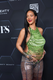 LOS ANGELES, CALIFORNIA - FEBRUARY 11: Rihanna poses for a picture as she celebrates her beauty brands fenty beauty and fenty skin at Goya Studios on February 11, 2022 in Los Angeles, California. (Photo by Mike Coppola/Getty Images)