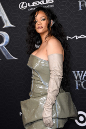 Barbadian singer Rihanna arrives for the world premiere of Marvel Studios' "Black Panther: Wakanda Forever" at the Dolby Theatre in Hollywood, California, on October 26, 2022. (Photo by VALERIE MACON / AFP) (Photo by VALERIE MACON/AFP via Getty Images)