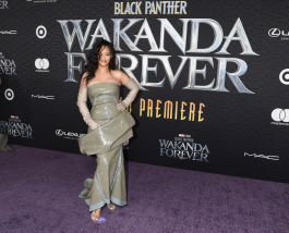 Rihanna at the world premiere of Marvel Studios Black Panther: Wakanda Forever held at the Dolby Theatre on October 26, 2022 in Los Angeles, California. (Photo by Gilbert Flores/Variety via Getty Images)